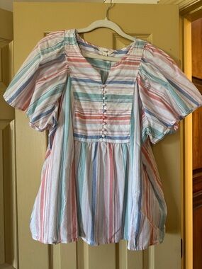 Terra & Sky Pastel Striped Puff Sleeve Blouse